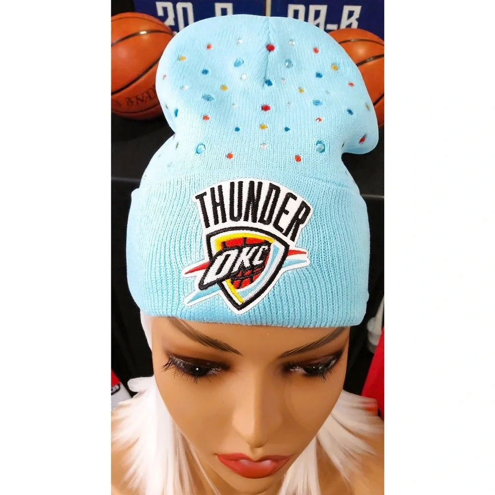 OKC Thunder Baby Blue Beanie‎ design with logo and rhinestones